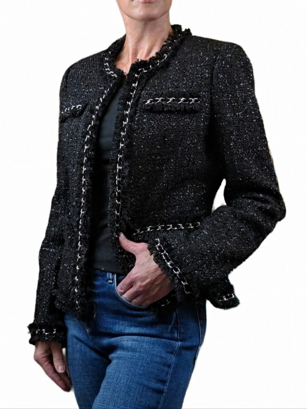 BOSTON PROPER Chain Detail Shimmer Tweed Parisian Jacket In Black